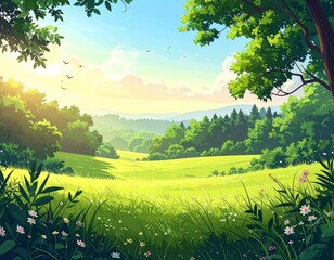 This illustration captures a peaceful, vibrant morning landscape filled with lush 