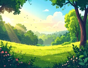 This illustration captures a peaceful, vibrant morning landscape filled with lush 
