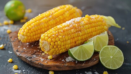 Two ears of grilled corn on the cob, seasoned with salt, are presented on a rustic wooden board alongside lime wedges.  Corn kernels are plump and juicy, enhancing the image's appetizing appeal