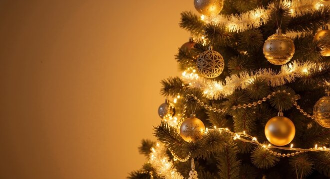 Festive Christmas tree with golden ornaments and glowing lights. New Year holiday background with copy space for text - Powered by Adobe