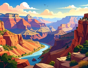 The illustration captures the breathtaking expanse of the Grand Canyon that conveys