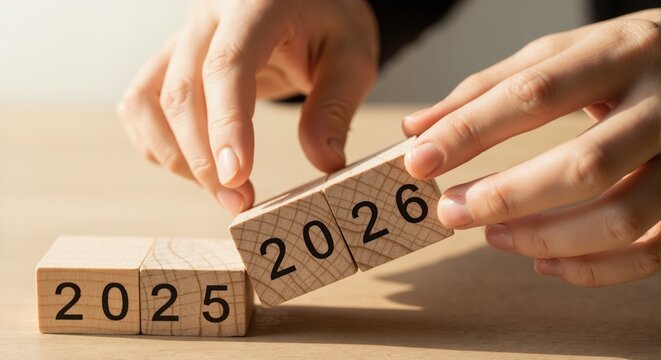 Hand changing wooden blocks from the year 2025 to 2026. New year transition and future planning concept. Countdown to a new beginning and goal setting