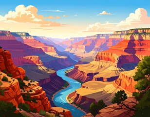 The illustration captures the breathtaking expanse of the Grand Canyon that conveys