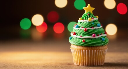 A Christmas tree cupcake with green frosting and a star topper. Festive holiday dessert for a party with a bokeh background and copy space