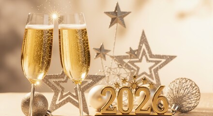 Happy New Year 2026 celebration with champagne glasses. Festive background with golden numbers and sparkling decorations for a party invitation.