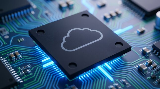 Close up view of a black microchip with a glowing cloud symbol positioned on a circuit board illuminated by blue digital light and surrounded by electronic components and pathways Technology - Powered by Adobe