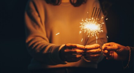 Close-up of hands holding burning sparklers at night. Festive holiday celebration for New Year's Eve