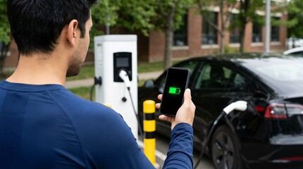 Man checks electric car charging status on smartphone at outdoor charging station with black vehicle and green battery indicator technology mobile phone electricity power holding app