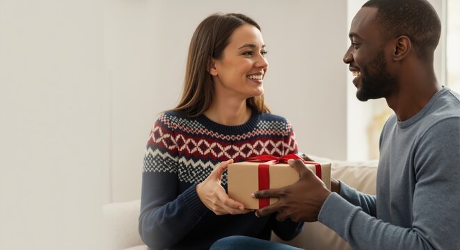 A happy interracial couple exchanging a gift during a holiday celebration. A smiling black man gives a wrapped present to a caucasian woman at home for Christmas or New Year - Powered by Adobe