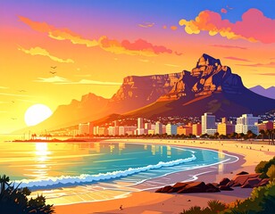 This illustration captures the stunning landscape of Cape Town, showcasing Table Moun