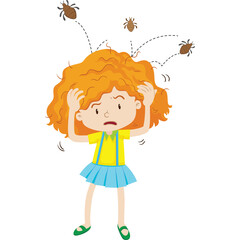 Young Girl With Red Hair Scratches Head In Distress As Brown Bugs Fly Out Of Her Messy Hair Wearing Yellow Top Blue Skirt And Green Shoes With Transparent Background