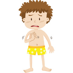 Young Boy With Brown Spiky Hair Wearing Yellow Polka Dot Swim Trunks Expressing Discomfort And Worry With Hand On Chest And Shivering Motion Lines On White Transparent Background