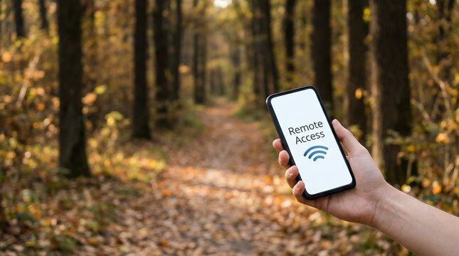 Hand holding smartphone displaying 'Remote Access' and Wi Fi symbol with blurred autumnal forest path background technology WiFi connection mobile device internet network fall nature