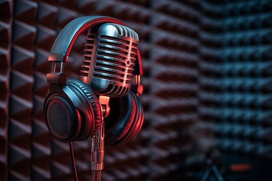 Headphones microphone in soundproofed booth for professional recording. Ideal for music studios, podcasts, voiceovers, audio production, and sound engineering. - Powered by Adobe