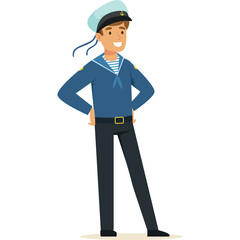 Young Man In A Blue Sailor Uniform With Striped Shirt And White Hat Smiling And Standing With Hands On Hips