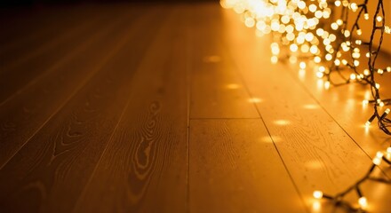 Warm golden Christmas lights on a dark wood floor. Festive New Year holiday background with copy space for text