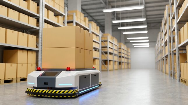 Automated guided vehicle carrying stacked cardboard boxes moves through a modern warehouse filled with tall shelving units and ample lighting autonomous robot logistics AGV transport
