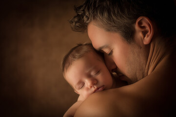 This gentle image captures precious bonding between a father and his sleeping infant, perfect for parenting blogs, family themed designs, and childcare promotions.