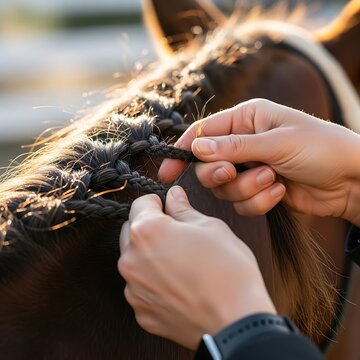 Artistic braiding on a horse's mane for equestrian aesthetic finesse