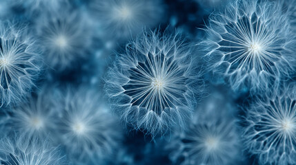 Close-up of delicate white dandelion seeds in soft focus with cyanotype blue tones creating dreamy spring aesthetic, natural texture, and ethereal botanical visual perfect for creative or nature image