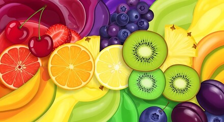 Assorted tropical fruit slices arranged in colorful and balanced composition