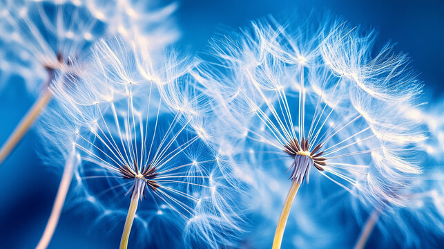Close-up of delicate white dandelion seeds in soft focus with cyanotype blue tones creating dreamy spring aesthetic, natural texture, and ethereal botanical visual perfect for creative or nature image