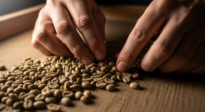 Careful hand selection of premium coffee beans on wooden texture