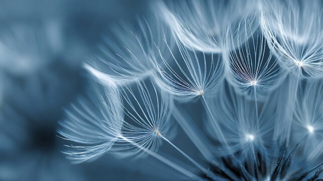 Close-up of delicate white dandelion seeds in soft focus with cyanotype blue tones creating dreamy spring aesthetic, natural texture, and ethereal botanical visual perfect for creative or nature image