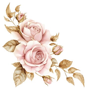 Delicate arrangement of blush pink roses and faded foliage displayed in the corner of a white space