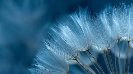 Close-up of delicate white dandelion seeds in soft focus with cyanotype blue tones creating dreamy spring aesthetic, natural texture, and ethereal botanical visual perfect for creative or nature image