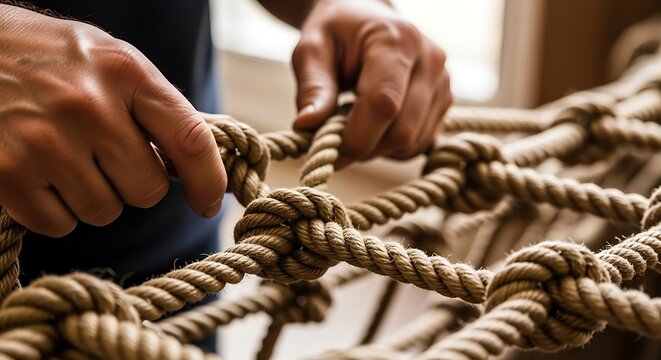 Detailed closeup of hands working with intricately knotted and intertwined natural ropes emphasizing craftsmanship and