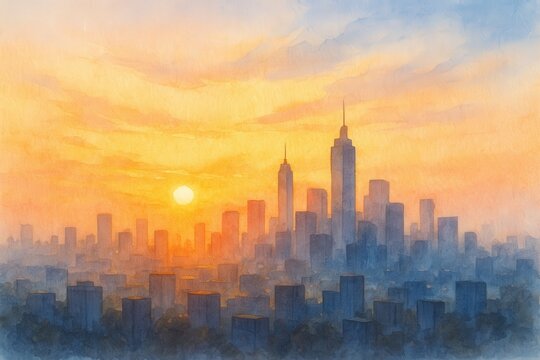 Watercolor cityscape at sunset showcasing urban skyline silhouettes with golden sunlight illuminating buildings in artistic tranquility and inspiring architectural beauty