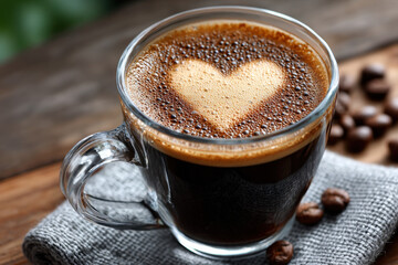 Coffee cup with heart shaped foam on wooden table