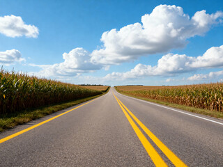 Fototapeta premium an empty two-lane road in the midwest, with corn fields on both sides, a blue sky, and white clouds