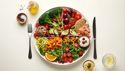 Various salads , vegetarian combination food .Graphic representation of a healthy plate with portion sizes for balanced meals, promoting nutritional guidelines for stroke prevention	