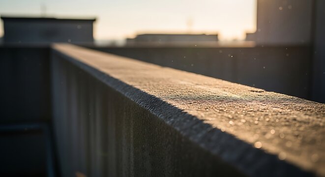 Concrete edge bathed in diffused sunlight at rooftop, urban panorama