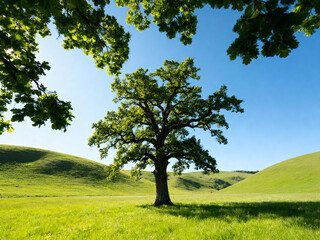 Obraz premium a large oak tree stands alone in the center of an open field, surrounded by rolling green hills under clear blue skies