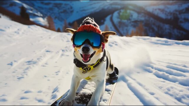 Cool dog rides snowboard on ski slope in winter, funny pet in sunglasses and hat in mountain. Concept of sport, snow, resort