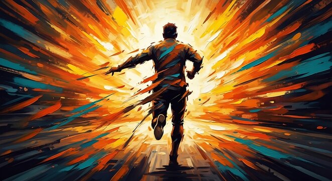 colorful silhouette Back view of man running with motion effect, digital art style, illustration painting	