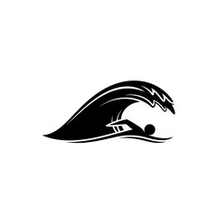 Silhouette of a swimmer under a large ocean wave, swimming.