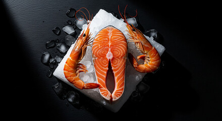 Fresh Salmon Steak and Prawns on Crushed Ice with Dark Background, Top View
