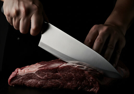 Chef's Hands Expertly Slicing Raw Red Meat with a Sharp Kitchen Knife