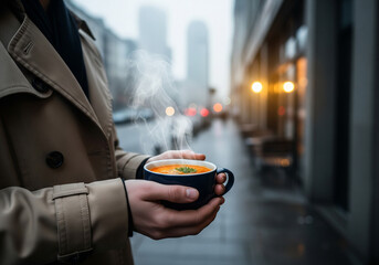 Hands holding hot soup on a cold urban street