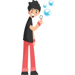 Young Man with Black Hair and Beard Blowing Blue Bubbles Wearing a Black T Shirt and Red Pants with Red Wristbands on a Transparent Background