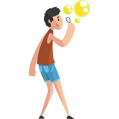 Young Boy In Brown Tank Top And Blue Shorts Blowing Yellow Bubbles In A Transparent Background