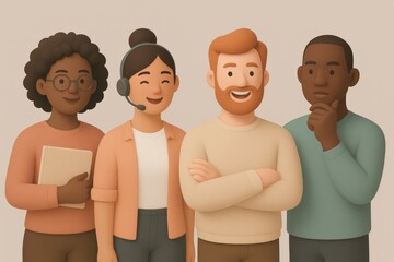 Diverse group of smiling coworkers showcasing teamwork in a modern office environment expressing a sense of collaboration with cheerful, professional demeanor