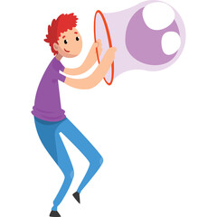 Young Boy With Red Hair Wearing A Purple T Shirt And Blue Jeans Blowing A Large Purple Bubble Against A White Background