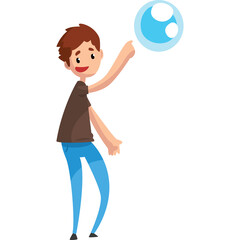 Young Boy with Brown Hair Wearing a Brown T-Shirt and Blue Jeans Playfully Reaching Towards a Blue Bubble with a White Highlight Against a Transparent Background