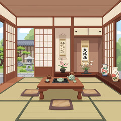 Traditional Japanese room with tatami mats, shoji screens, and serene garden view