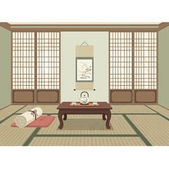 Traditional japanese interior with tatami mats and a tea ceremony setting